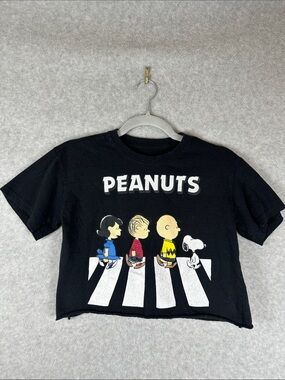 Peanuts Black Crop Tee with Multicolor Character Walk Women's Size S